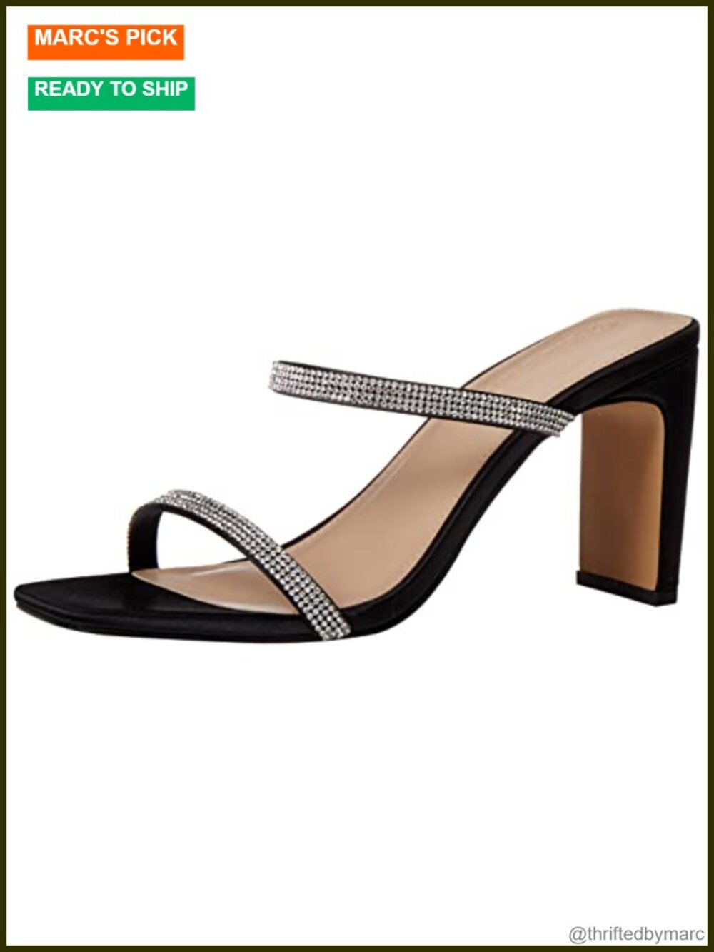 Women's Square Toe Two Strap High Heel Sandals Block Heel Rhinestone